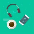 Mobile phone playing music via wireless headset vector illustration, musing or podcast listening via smartphone