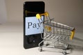 A mobile phone is pushing a shopping cart