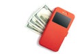 A mobile phone in a red case lies on three hundred US dollars on a white background. Online earnings concept, internet connection Royalty Free Stock Photo