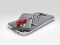 Mobile phone repair, 3D illustration. Broken mobile phone with battery. Repair electronic equipment