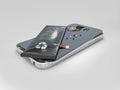 Mobile phone repair, 3D illustration. Broken mobile phone with battery. Repair electronic equipment