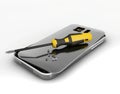 Mobile phone repair. 3D illustration. Broken mobile phone with screwdriver. Repair electronic equipment.