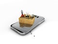 Mobile phone repair. 3D illustration. Broken mobile phone with toolbox. Repair electronic equipment.