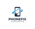 Mobile phone repair logo template. Broken screen on smartphone and screwdriver tool vector design