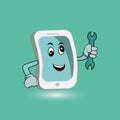 A mobile phone repair service or perhaps plumber or mechanic app cartoon character mascot holding spanner
