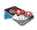 Mobile phone with Roulette, Play card, Dice and Chips, Online casino concept. 3d Illustration