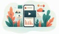 Mobile phone screen displays video, with bar chart below. Interactive floating cards show data analytics, cloud storage, social Royalty Free Stock Photo