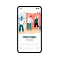 Mobile phone screen with elderly people doing exercises in nursing home.