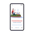 Mobile phone screen with fisherman sitting on shore and cook fish soup bonfire