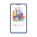 Mobile phone screen with happy elderly grandparent and grandchildren hug together