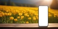 Mobile phone screen mockup. Blank smartphone display mock up. Banner with yellow flowers field Royalty Free Stock Photo