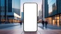 Mobile phone screen mockup on city street. Smartphone, blank display mock up Royalty Free Stock Photo