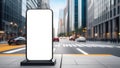 Mobile phone screen mockup on city street. Smartphone mock up, banner background Royalty Free Stock Photo