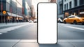 Mobile phone screen mockup on city street. Smartphone mock up for taxi Royalty Free Stock Photo