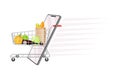 Mobile Phone Screen and Shopping Cart with Food as Online Shop Delivery Vector Illustration Royalty Free Stock Photo