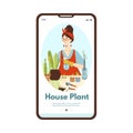 Mobile phone screen with young woman who takes care for house green potted plants. Gardening in city apartment, hobby