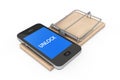 Mobile Phone Security Concept. Mobile Phone with Unlock Sign over Wooden Mousetrap. 3d Rendering