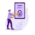 Mobile phone security vector concept. A young man is trying to unlock a mobile phone with a key. Data protection. Strong password Royalty Free Stock Photo