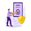 Mobile phone security vector concept. A young man is trying to unlock a mobile phone with a key. Data protection. Strong password Royalty Free Stock Photo