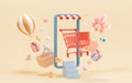 A mobile phone and shopping basket, online shopping, 3d rendering