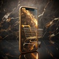 Mobile phone with shopping cart displaying digital storefront marble backdrop reflecting Royalty Free Stock Photo