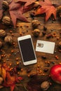 Mobile phone and SIM card with autumn arrangement Royalty Free Stock Photo