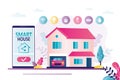 Mobile phone with smart home app. Various web icons. Smart house building. House with automated home security, lighting, other