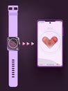 Mobile phone and Smart watch with cardiology heartbeat indicator. Connect, syncing via the app, tracking health. Cute