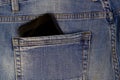 Mobile Phone or smartphone in blue jeans pocket Royalty Free Stock Photo