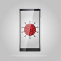 Mobile phone smartphone with deadly coronavirus pandemic pandemic, covid-19 microb virus on screen Royalty Free Stock Photo