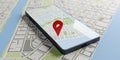Mobile phone or smartphone with red location marker or pin on abstract flat city map background, travel, navigation, route finding