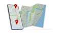 Mobile phone or smartphone showing route with folded paper city map floating over white background, travel, mobile navigation,