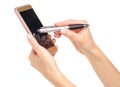 Mobile phone smartphone stylus pen in hand Royalty Free Stock Photo