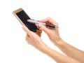 Mobile phone smartphone stylus pen in hand Royalty Free Stock Photo