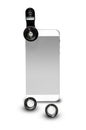 Mobile Phone Standing Vertically with Clip on Photo Camera Lens Royalty Free Stock Photo