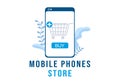 Mobile Phone Store Template Hand Drawn Cartoon Flat Illustration with Phones Models, Tablets, Gadget Retail, Other Devices