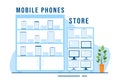 Mobile Phone Store Template Hand Drawn Cartoon Flat Illustration with Phones Models, Tablets, Gadget Retail, Other Devices
