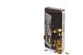 Mobile phone strongbox and gold on white background.3D illustration