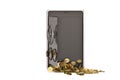 Mobile phone strongbox and gold on white background.3D illustration