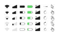 Mobile phone system icons. Wifi signal strength, battery charge level, loading, download, cursor. Vector illustration.