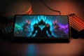 Mobile phone on table in a neon-lit shows MOBA game app. Generative AI