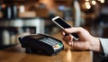 Mobile phone, touch a credit card reader on the counter bar. Royalty Free Stock Photo