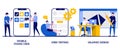 Mobile phone user, user testing, graphic design concept with tiny people. App creation steps abstract vector illustration set.