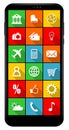 Mobile phone vector mockup. Front view of multimedia smartphone with application icons