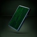 Mobile phone wallpaper. Digital binary data stream in matrix style. Software protection. Encryption information concept