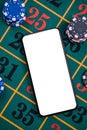 Mobile Phone White Screen on Green Felt Roulette Table