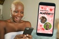 Mobile phone and young beautiful and happy black afro American woman using online dating app excited in match with a handsome guy Royalty Free Stock Photo