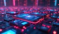 Mobile phones connect to circuit board in digital payment system. Cyberpunk backdrop for secure tech. Modern interface Royalty Free Stock Photo