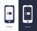 Mobile phones with dark and light Mode switcher for phone screens, tablets and computers. Enable and disable button. 3d vector