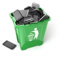 Mobile phones in garbage can on white background. Utili